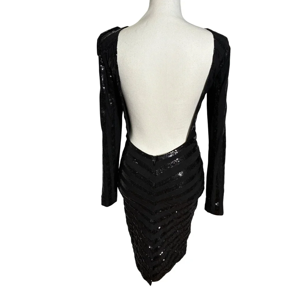 House of CB Sequin Mini Dress Womens XS Black Cutout Open Back Long Sleeve - Picture 4 of 15